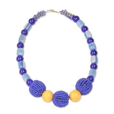 Grateful,'Recycled Glass and Plastic Beaded Pendant Necklace in Blue'