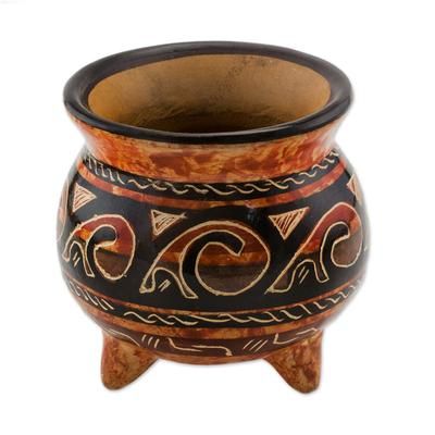 Nicoya's Splendor,'Handmade Brown and Orange Chorotega Pottery Vessel'