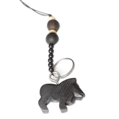 Lion,'Eco-Friendly Ebony Lion Keychain with Wood Beads'
