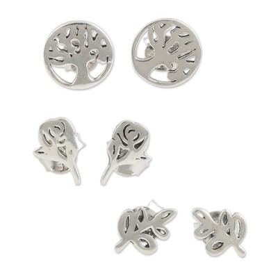Garden Trio,'Nature-Themed Sterling Silver Stud Earrings (Set of 3)'