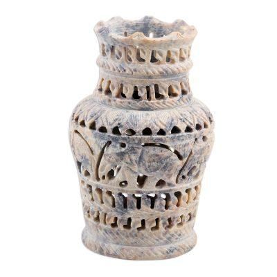 Royal Symphony,'Decorative Soapstone Elephant and Floral Vase'