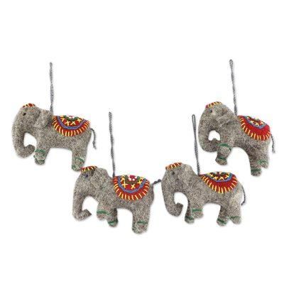 Wool ornaments, 'Elephants in Red' (set of 4)