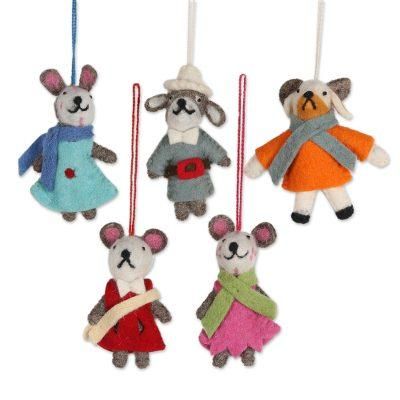 Caroling Bunnies,'Set of 5 Wool Felt Rabbit Caroler Ornaments'