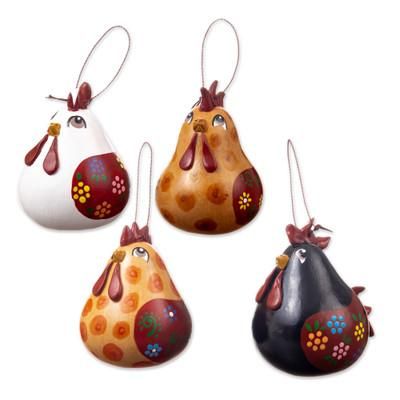 Chatty Hens,'Set of 4 Handcrafted Hen Ornaments Painted in Warm Hues'