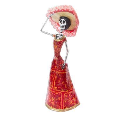 Catrina in Red,'Hand Crafted Papier Mache Catrina Sculpture with Hat'