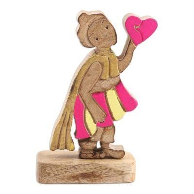 'Hand-Painted Mango Wood Romantic Sculpture in Vibrant Hues'