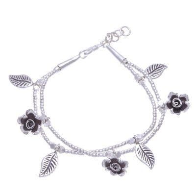 Thai Garden,'Karen Silver Double Strand Beaded Floral Charm Bracelet'