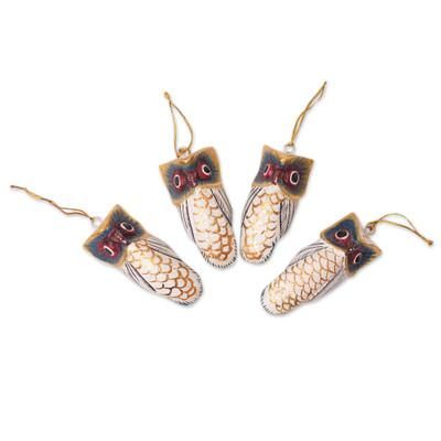 'Set of 4 Hand-Carved Painted Jempinis Wood Owl Ornaments'