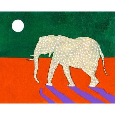 White Moon,'Oil and Acrylic on Wood with Elephant Under the Moon'