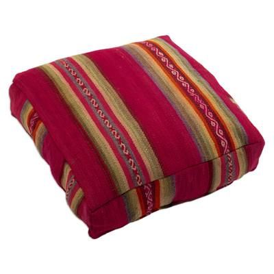 Andean Cherry,'Traditional Handloomed Andean Wool Pouf Cover in Cherry Hues'