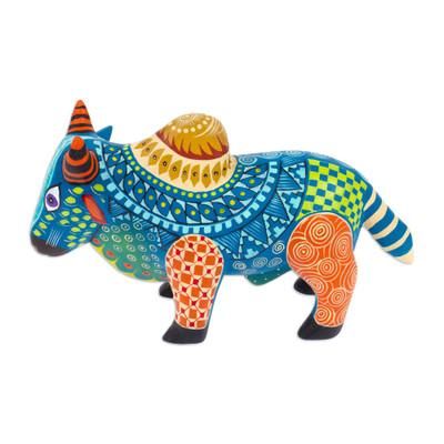 'Colorful Hand-Painted Mexican Wood Alebrije Bull Figurine'
