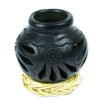 Oaxaca Pottery Bloom,'Mexican Barro Negro Decorative Vase with Reed Base'