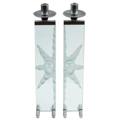 Mirror Suns,'Sun Theme Etched Glass & Aluminum Candleholders (Set of 2)'
