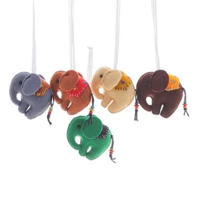 Colorful Trunks,'Set of Five Colorful Elephant Felt Ornaments with Wood Beads'