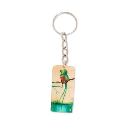 'Guatemalan Hand-Painted Coconut Shell Quetzal Bird Keychain'