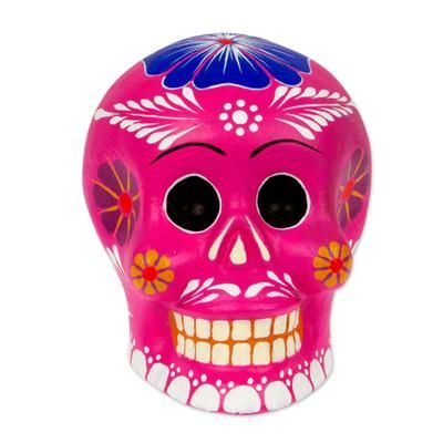 Fuchsia Skull with Flowers,'Fuchsia Ceramic Floral Day of the Dead Figurine'
