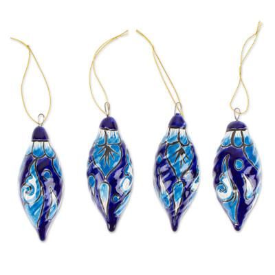 Lapis Ambience,'Handcrafted Talavera Ceramic Ornaments in Lapis (Set of 4)'