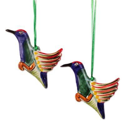 Elegant Hummingbirds,'Artisan Crafted Ceramic Hummingbird Ornament Pair'