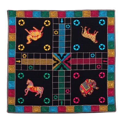 'Animal-Themed Embroidered Black Cotton Ludo Game from India'