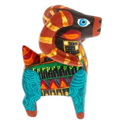 'Copal Wood Alebrije Sheep Figurine Hand-Painted in Turquoise'