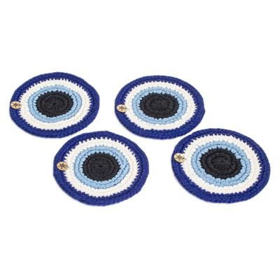 Sapphire Signs,'Knit Sapphire Cotton Coasters from Guatemala (Set of 4)'