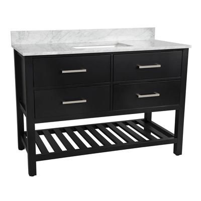 Randolph Morris Everett 48 Inch Birch & Oak Solid Wood Single Sink Console Vanity with Rectangular Undermount Sink and White Carrera Marble Countertops - Black RMFED-48BK-1SWH