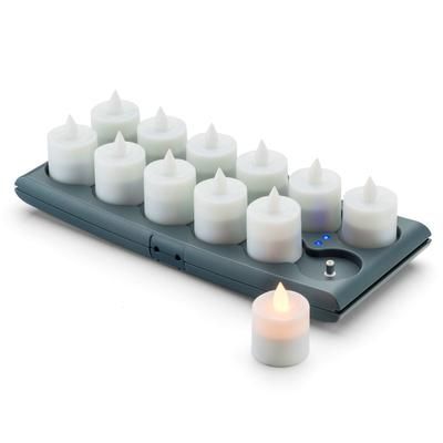 Hollowick HFRV12-A 1 1/2" Round LED Flameless Votive Candles Set w/ Charging Tray - 2 3/10" H, Amber Flame, 14-hr. Operating Time, Amber Flicker