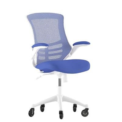 Flash Furniture BL-X-5M-WH-BLUE-RLB-GG Swivel Office Chair w/ Mid Back & Roller Wheels - Blue Mesh Back & Seat, Flip-Up Arms