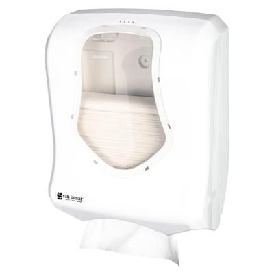 San Jamar T1770WHCL Wall Mount Paper Towel Dispenser w/ 500 Multifold Capacity - Plastic, White/Clear, Impact-Resistant Plastic