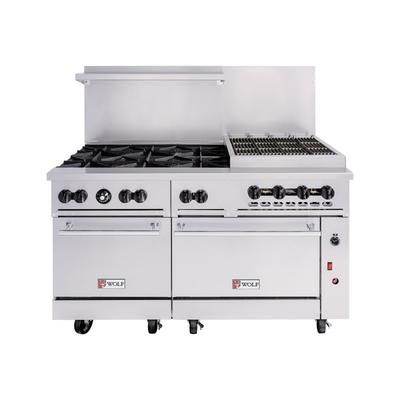 Wolf C60SS-6B24CB LP 60" 6 Burner Commercial Gas Range w/ Charbroiler & 2 Standard Ovens, Liquid Propane, Stainless Steel, Gas Type: LP
