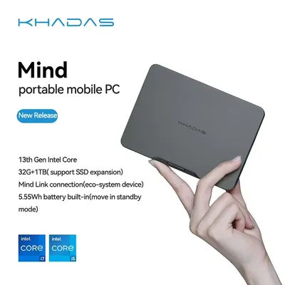 Khadas Mind 1 Mini PC with 5.55Wh Battery Tiny Intel Desktop Computer with WiFi 6E, BT5.3, Mind Link, Windows 11 Home 32GB+1TB