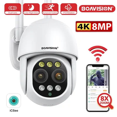 BOAVISION HD 8MP WIFI Camera PTZ Dual Lens 8X Digital Zoom Outdoor 4K AI humanoid Auto Tracking Zoom Audio iCSee Security Camera