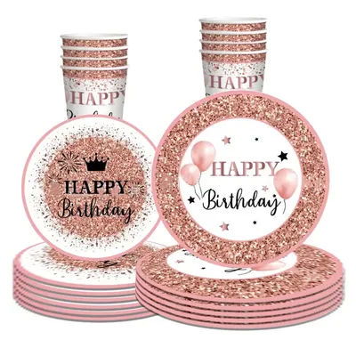 Rose Gold Girl Birthday Theme Party Disposable Tableware Set Napkins Plates Cups Happy Princess Girl Birthday Party Decor