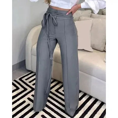Women's Pants 2023 Spring Fashion Tied Detail Straight Leg Elegant Plain High Waist Long Work Pants Office Lady