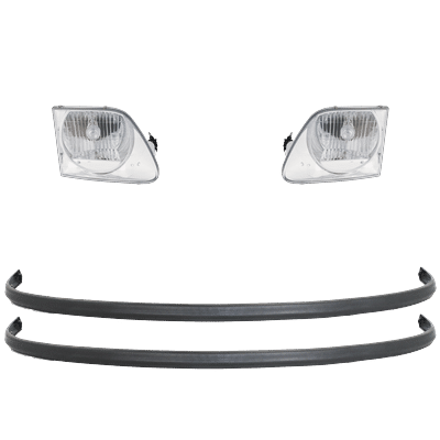 1998 Ford F-150 4-Piece Kit Driver and Passenger Side Headlights with Bumper Trims, with Bulbs, Halogen