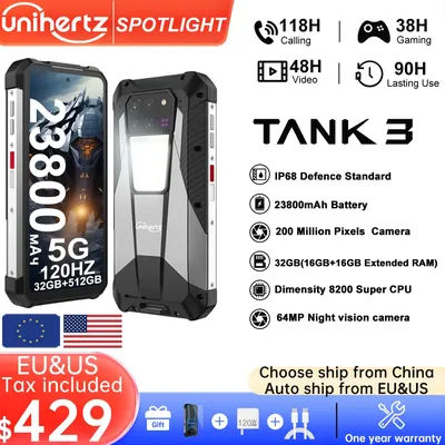 Unihertz Tank 3 by 8849 Rugged Smartphone 32GB 512GB 23800mAh 120W Charger Dimensity 8200 5G Cell Phone 200MP 120Hz Mobile Phone