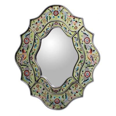 Verdant Spring,'Hand Made Reverse Painted Glass Bird Mirror'
