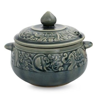 Celadon ceramic covered bowl, 'Blue Elephant Forest'