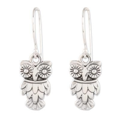 Night Vision,'Sterling Silver Owl Dangle Earrings from India'