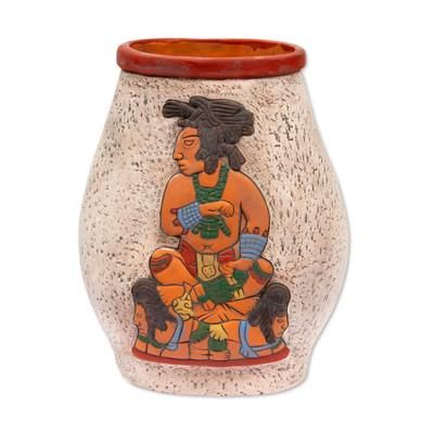 'Maya King of Palenque' - Mexican Archaeological Ceramic Vase Crafted by Hand