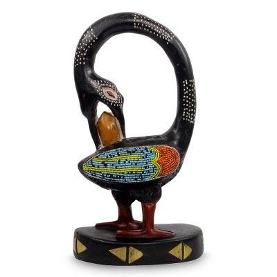 My Lovely Bird,'Adinkra Symbol Bird Wood Sculpture with Glass Beads'