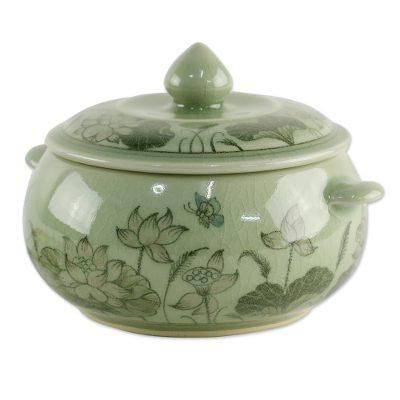 Lotus Bouquet,'Celadon Ceramic Floral Soup Bowl with Lid from Thailand'
