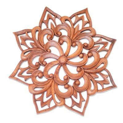 Balinese Spiral Flower,'Hand Carved Floral Wood Wall Relief from Indonesia'