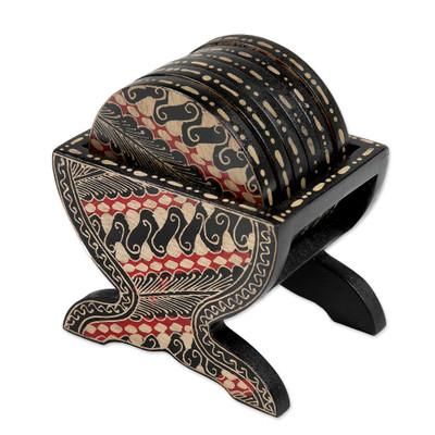 Parang,'Black and Cream Wood Batik Coasters and Holder (Set of 6)'