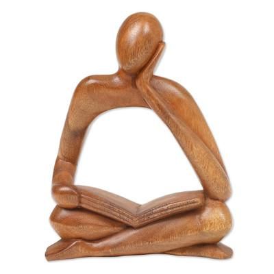 Thinker II,'Abstract Wood Sculpture of Man Sitting Down with a Book'