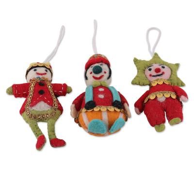 Festive Jokers,'Handcrafted Wool and Cotton Clown Ornaments (Set of 3)'