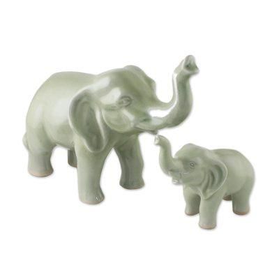 Maternal Elephant,'Set of 2 Ceramic Statuettes of Mother and Calf Elephant'