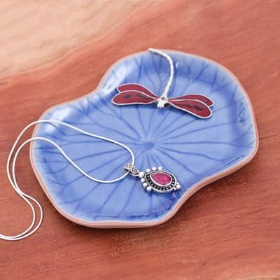 Delightful Dragonfly,'Blue Celadon Ceramic Catchall with Red Dragonfly Accent'