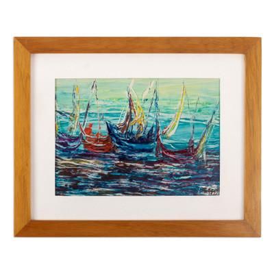 Sailboats at High Seas,'Framed Signed Expressionist Blue Oil Seascape Painting'