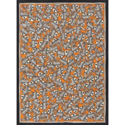Fish Harmony,'Madhubani Fish Painting in Orange from India (20.5x29)'